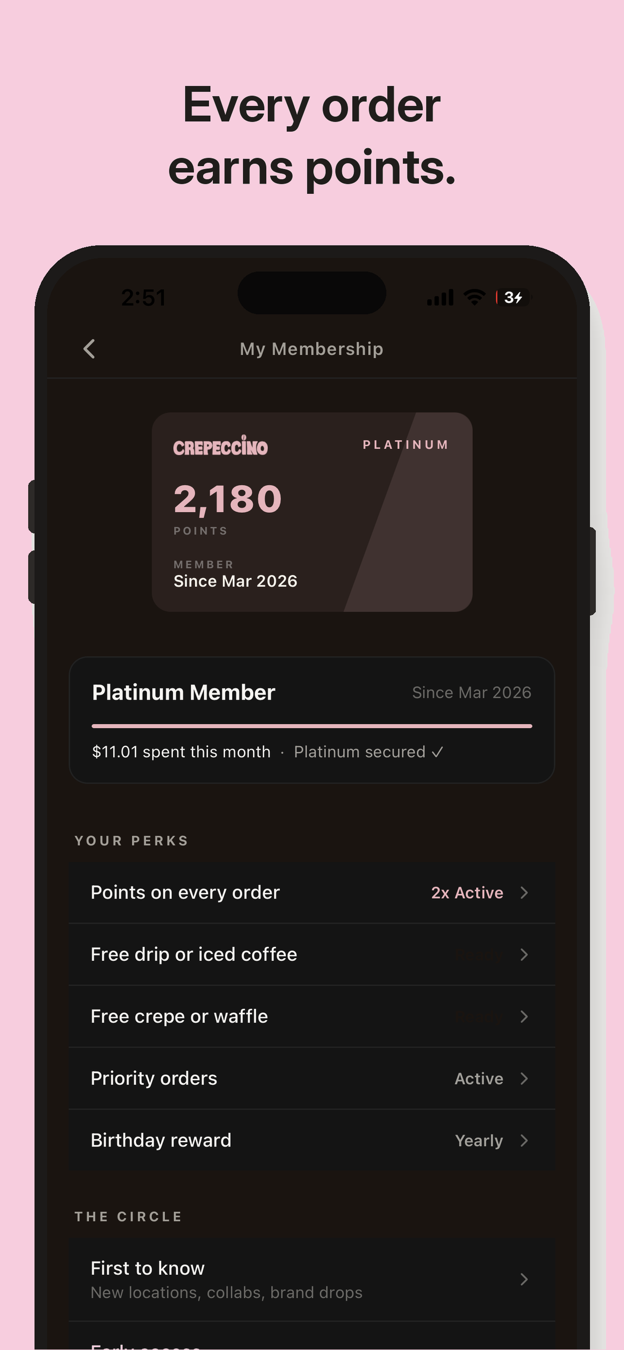 Every order earns points — membership tiers and perks
