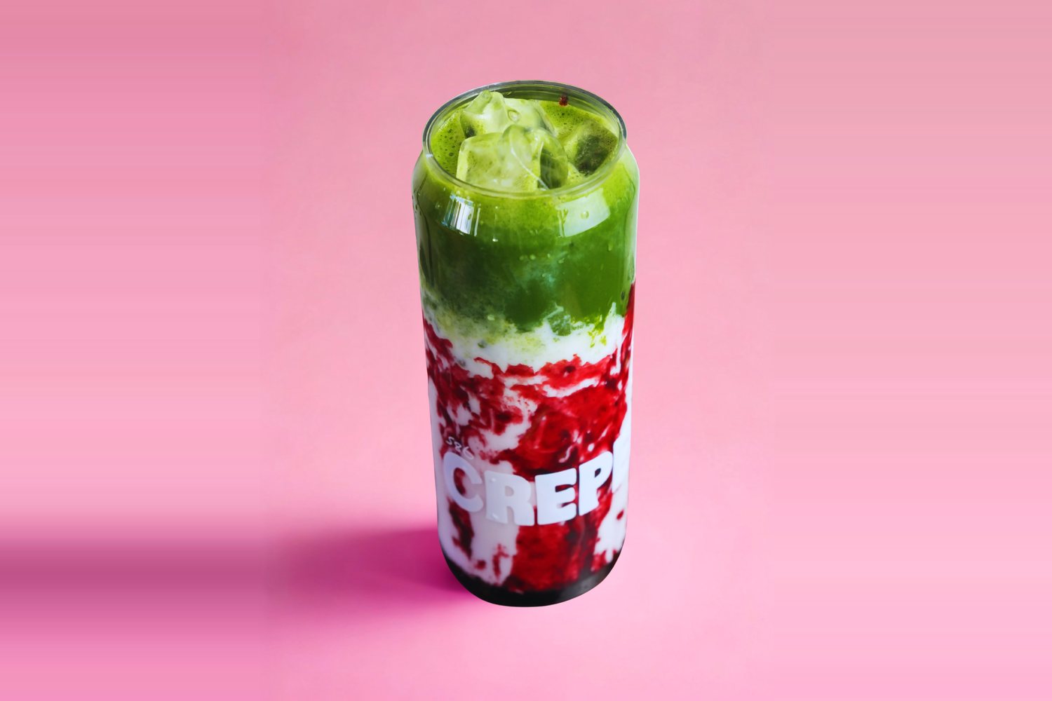 Iced black raspberry matcha in a Crepeccino can glass
