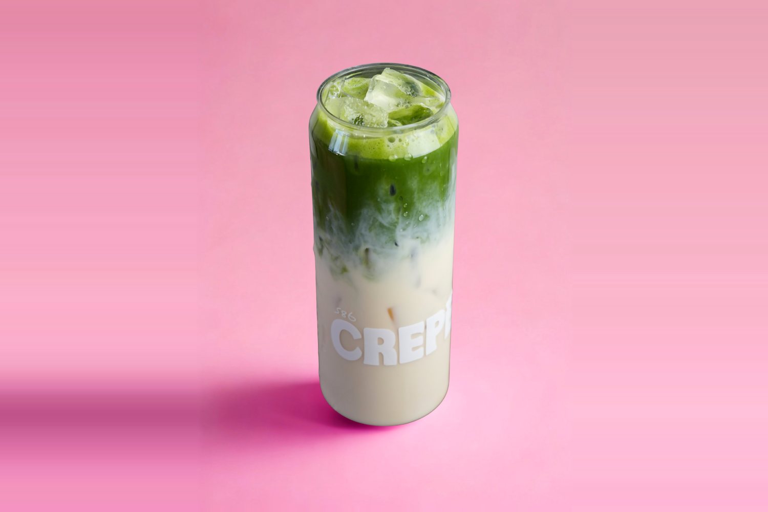 Iced matcha latte in a Crepeccino can glass