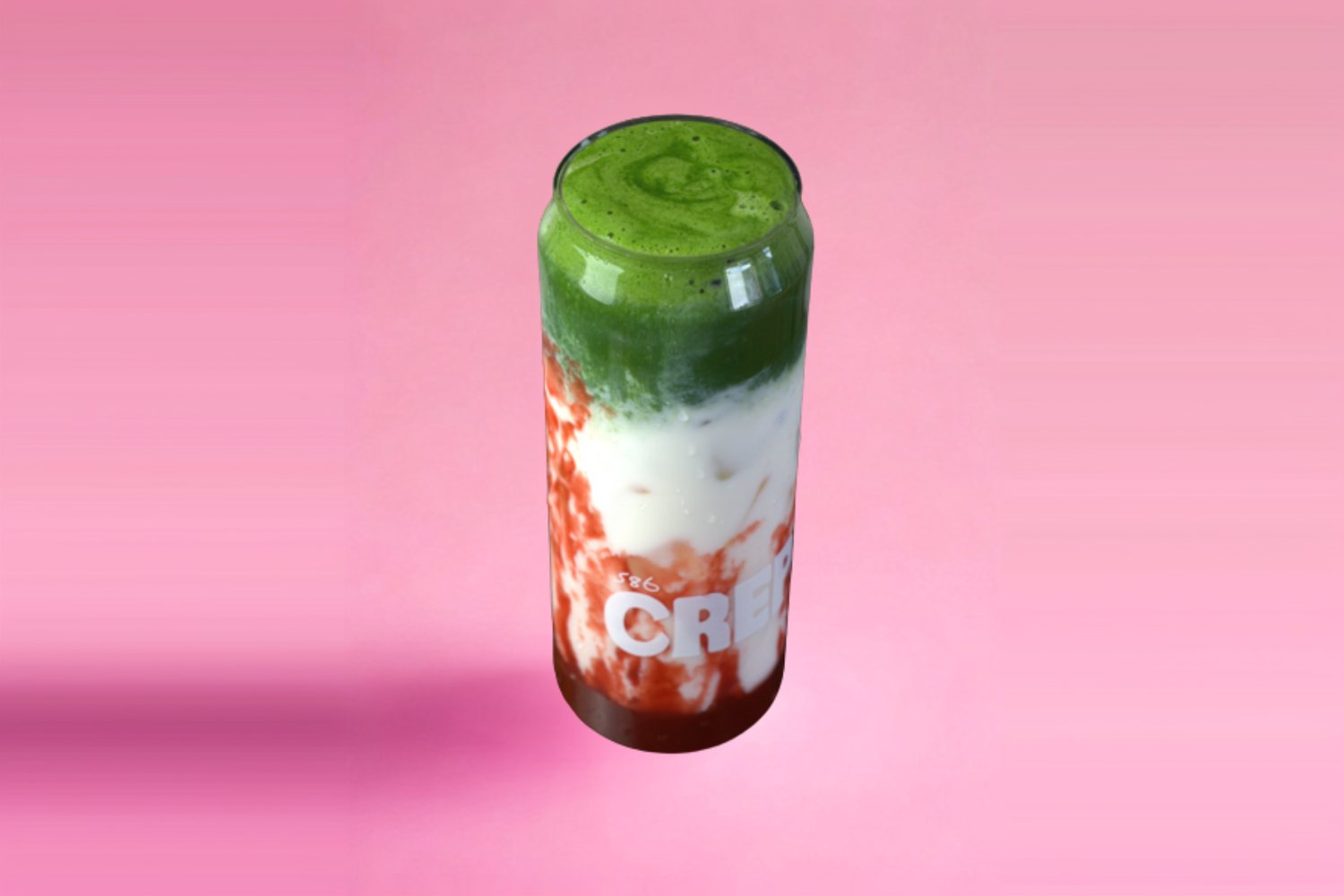 Iced strawberry matcha in a Crepeccino can glass
