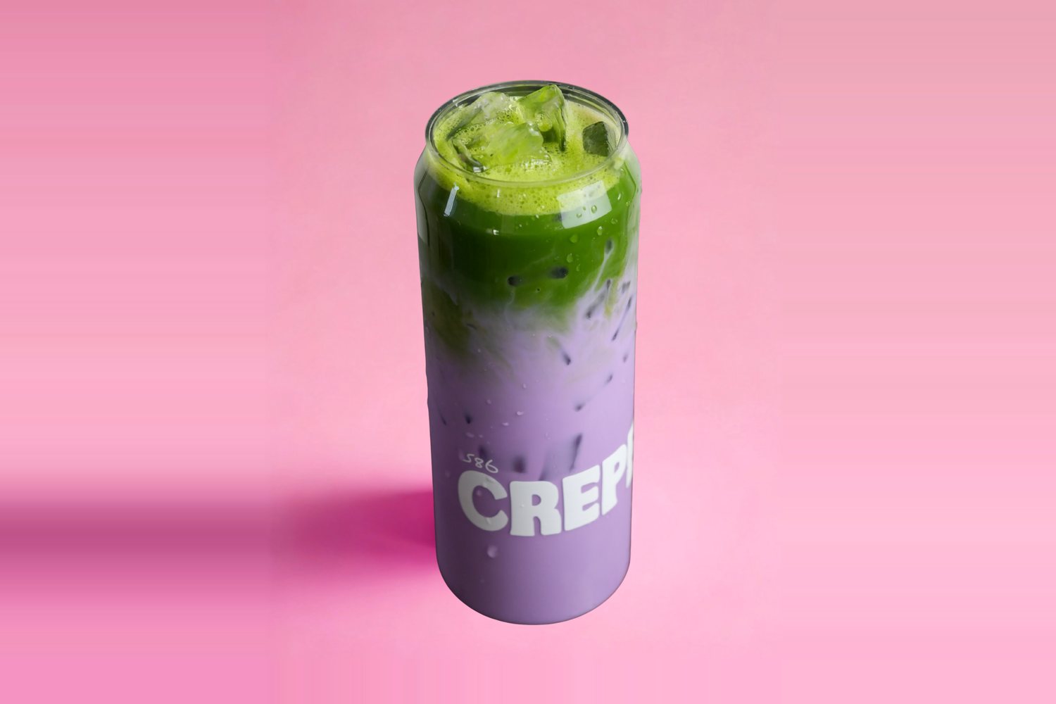 Iced ube lavender matcha in a Crepeccino can glass
